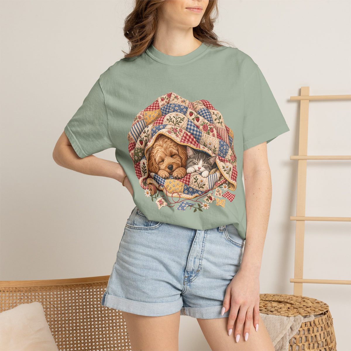 Sleeping Puppy & Kitten T-Shirt – Vintage Patchwork Quilt Pet Lover Tee