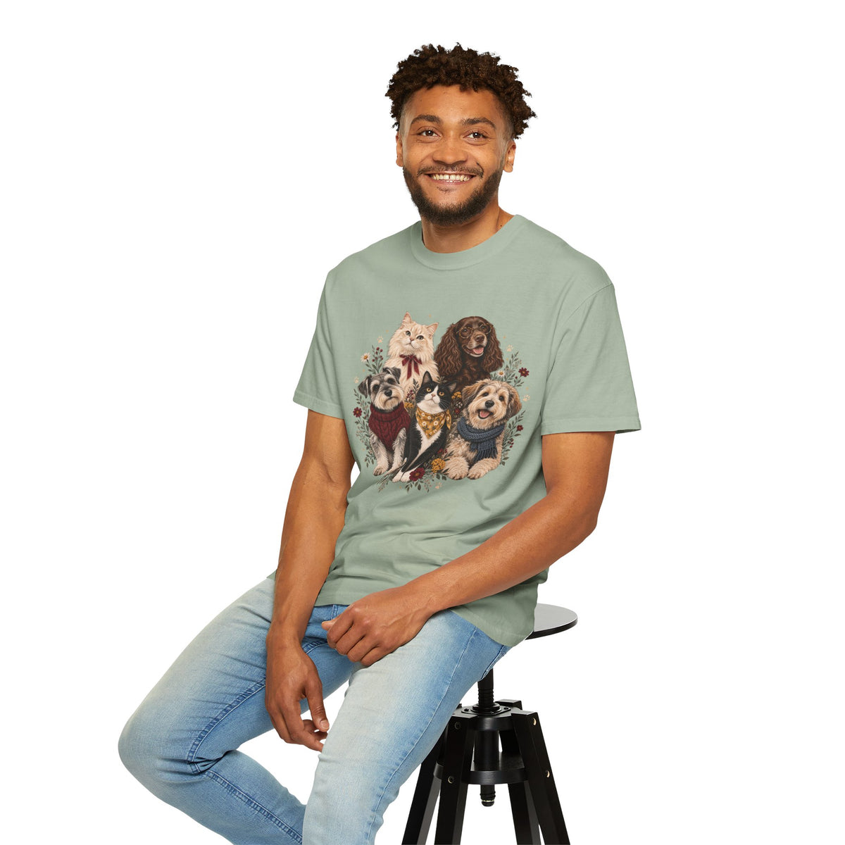 Dog & Cat Family T-Shirt – Vintage Botanical Five Pets Tee
