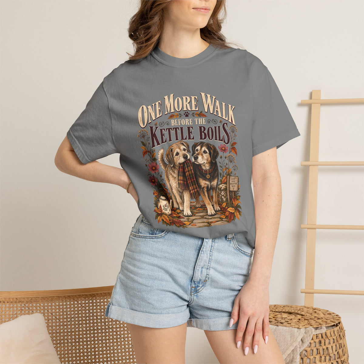 One More Walk Before the Kettle Boils T-Shirt – Vintage Dog Walking Tee