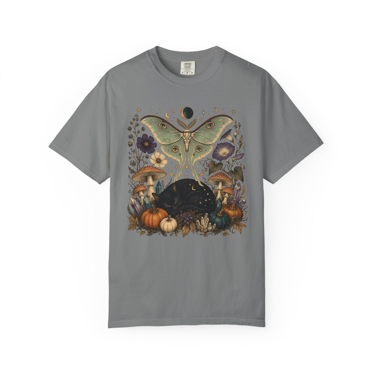 Celestial Black Cat T-Shirt – Witchy Moth & Mushroom Cat Lover Tee