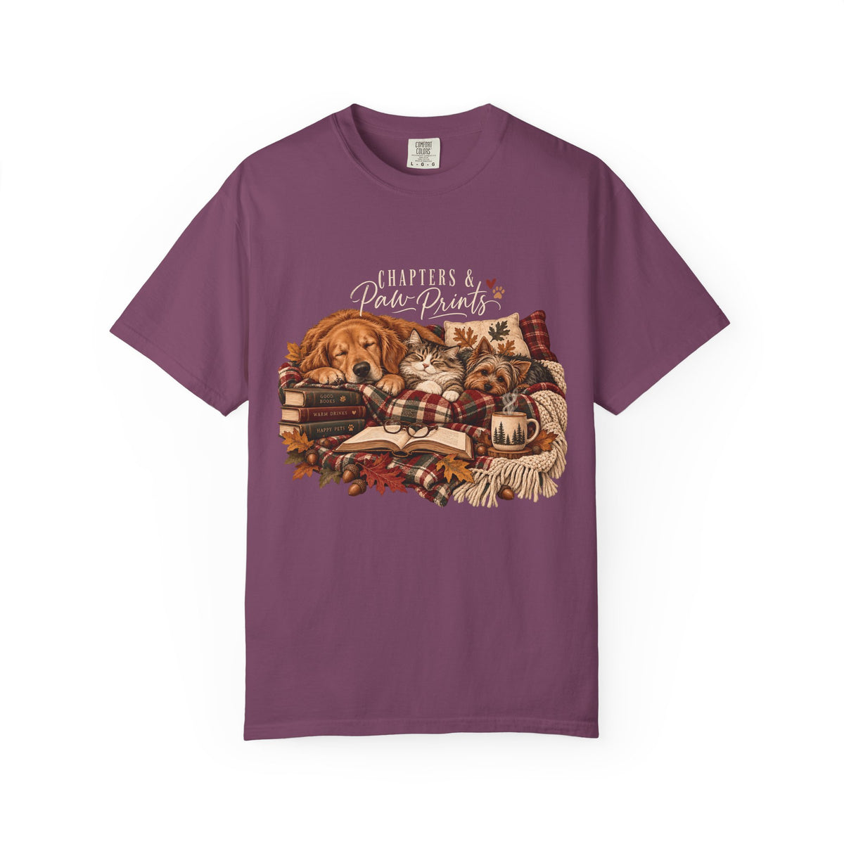 Chapters & Paw Prints T-Shirt – Cozy Book Lover Pet Parent Tee