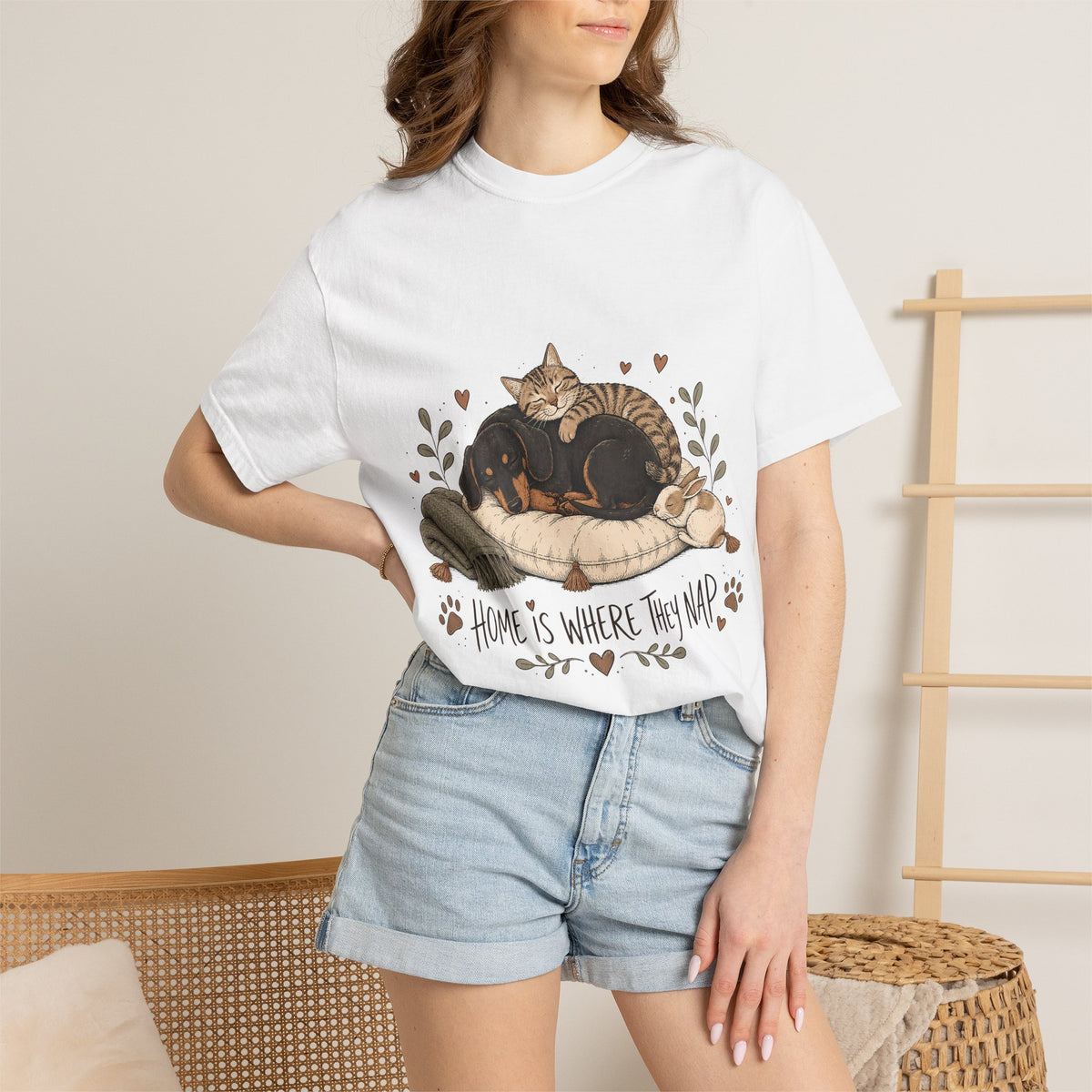 "Home Is Where They Nap" Sleepy Pets T-Shirt – Dachshund, Cat & Bunny Design