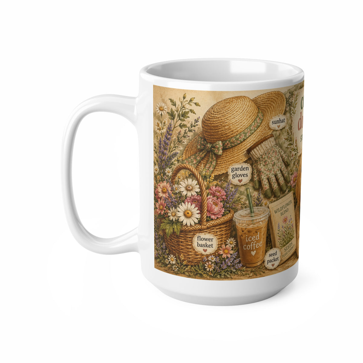 Cottage Dog Mom Mug — Ceramic 15oz Coffee Cup, Rustic Floral & Puppy Starter Pack Design