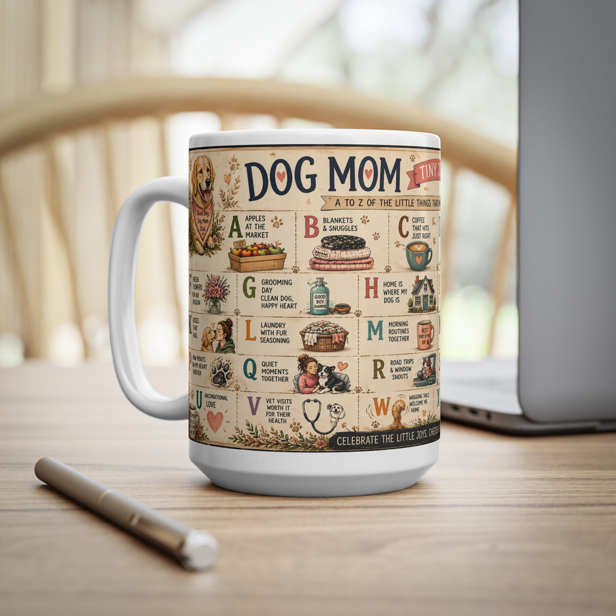Dog Mom Alphabet Ceramic Coffee Mug — Vintage Illustrated 15oz