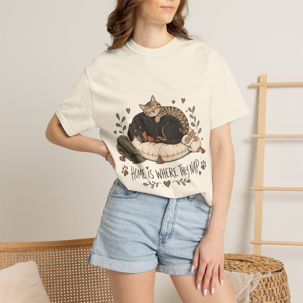 "Home Is Where They Nap" Sleepy Pets T-Shirt – Dachshund, Cat & Bunny Design