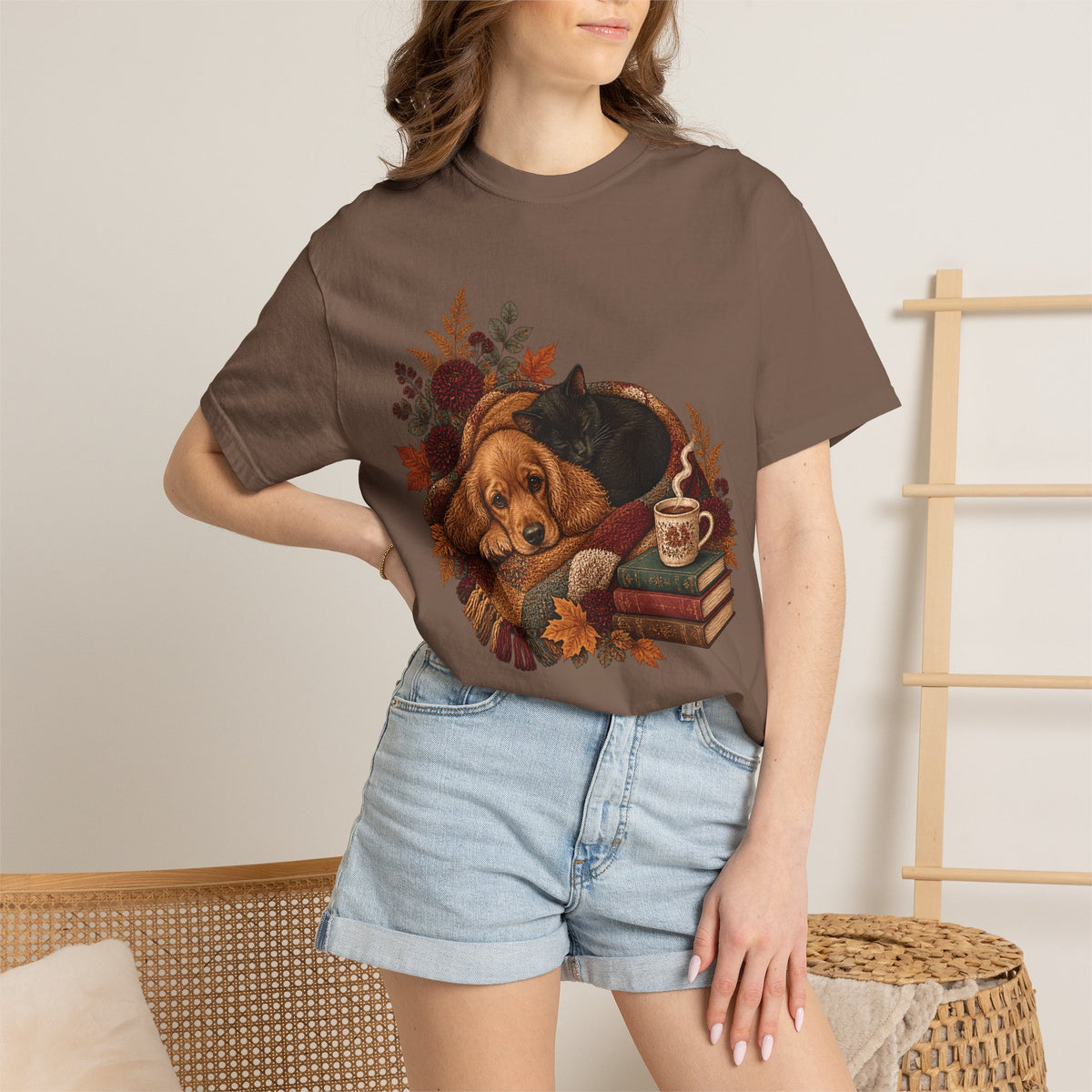 Cozy Autumn Dog & Cat T-Shirt – Sleeping Puppy and Kitten Fall Tee