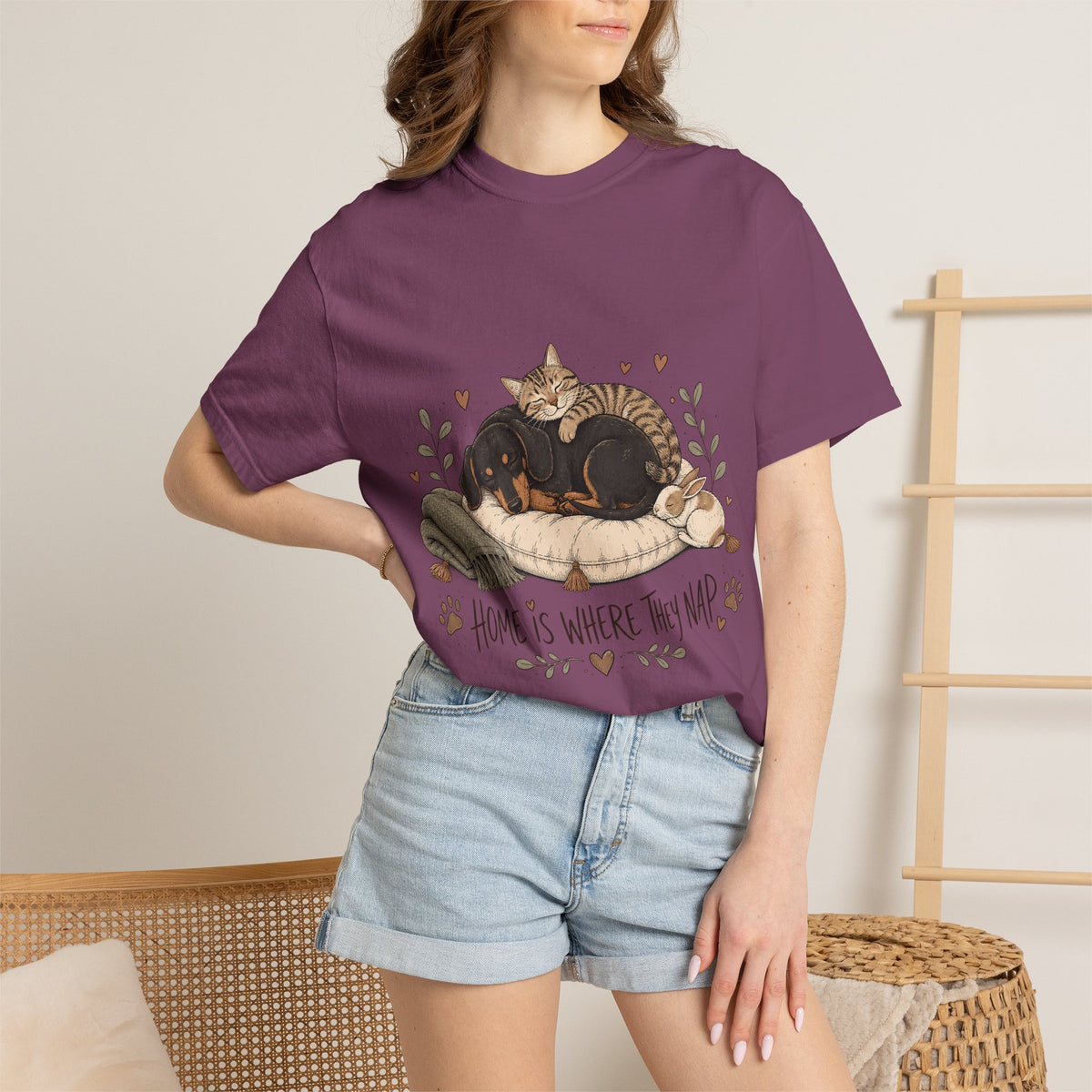 "Home Is Where They Nap" Sleepy Pets T-Shirt – Dachshund, Cat & Bunny Design