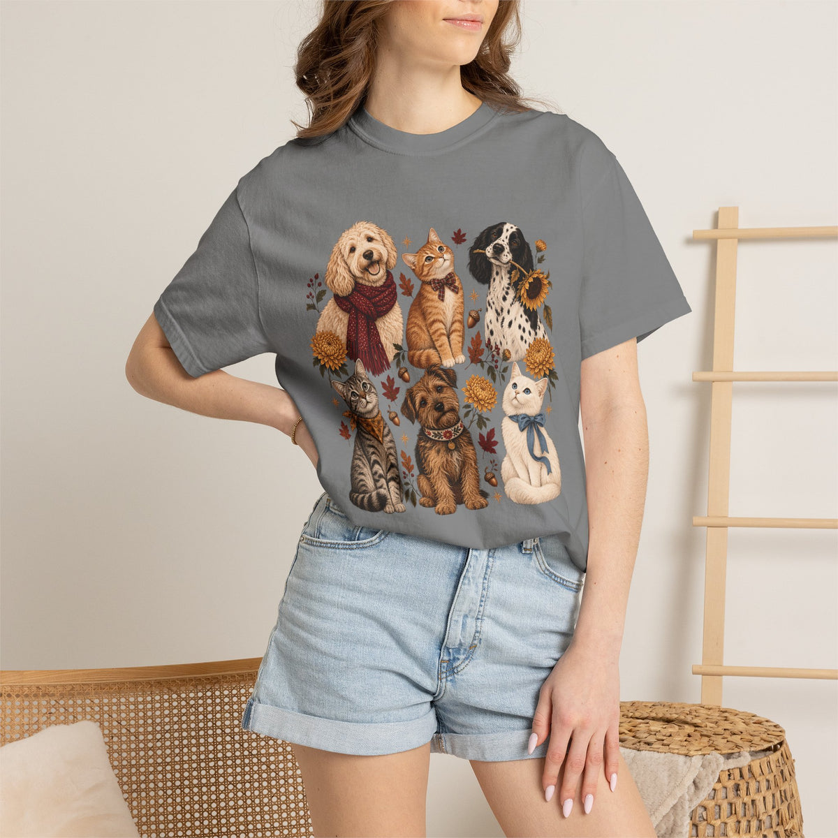 Vintage Autumn Dog & Cat T-Shirt – Six Pets Floral Graphic Tee