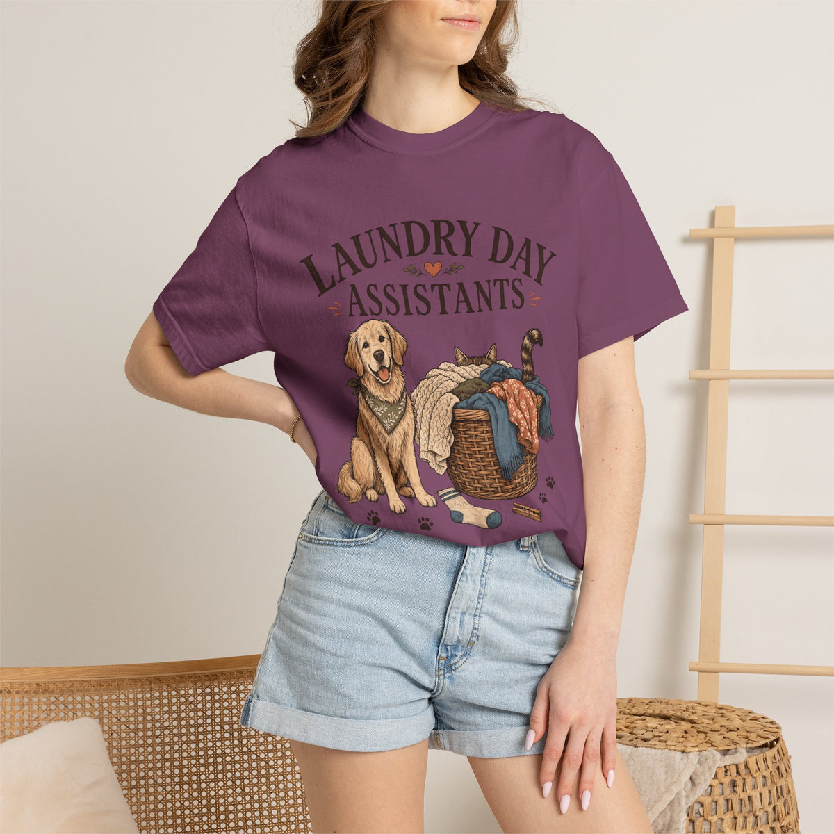 "Laundry Day Assistants" Funny Golden Retriever & Cat T-Shirt