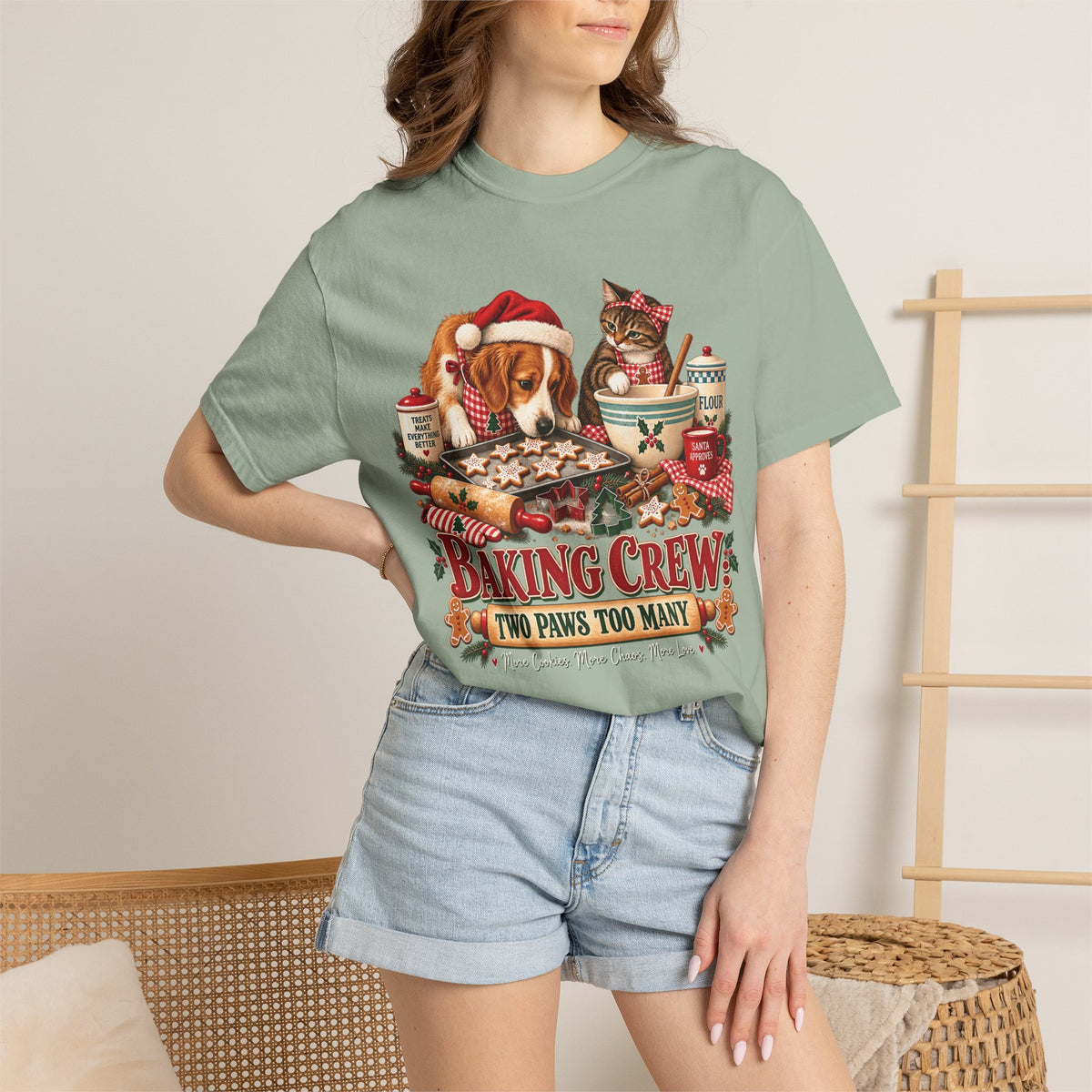 Baking Crew Two Paws Too Many T-Shirt – Funny Christmas Pet Baking Tee