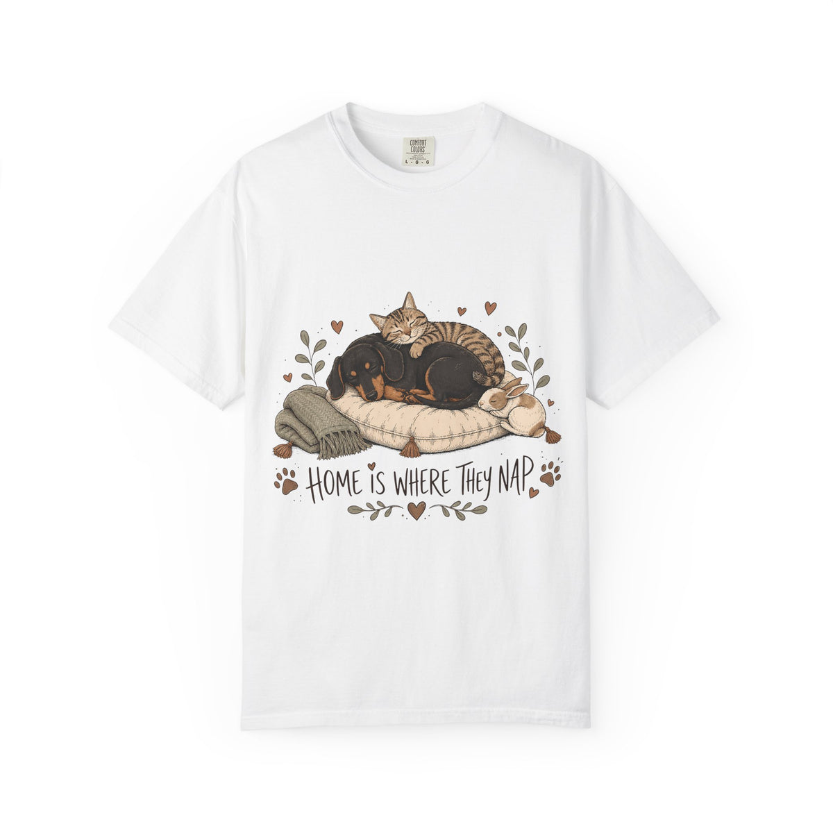 "Home Is Where They Nap" Sleepy Pets T-Shirt – Dachshund, Cat & Bunny Design