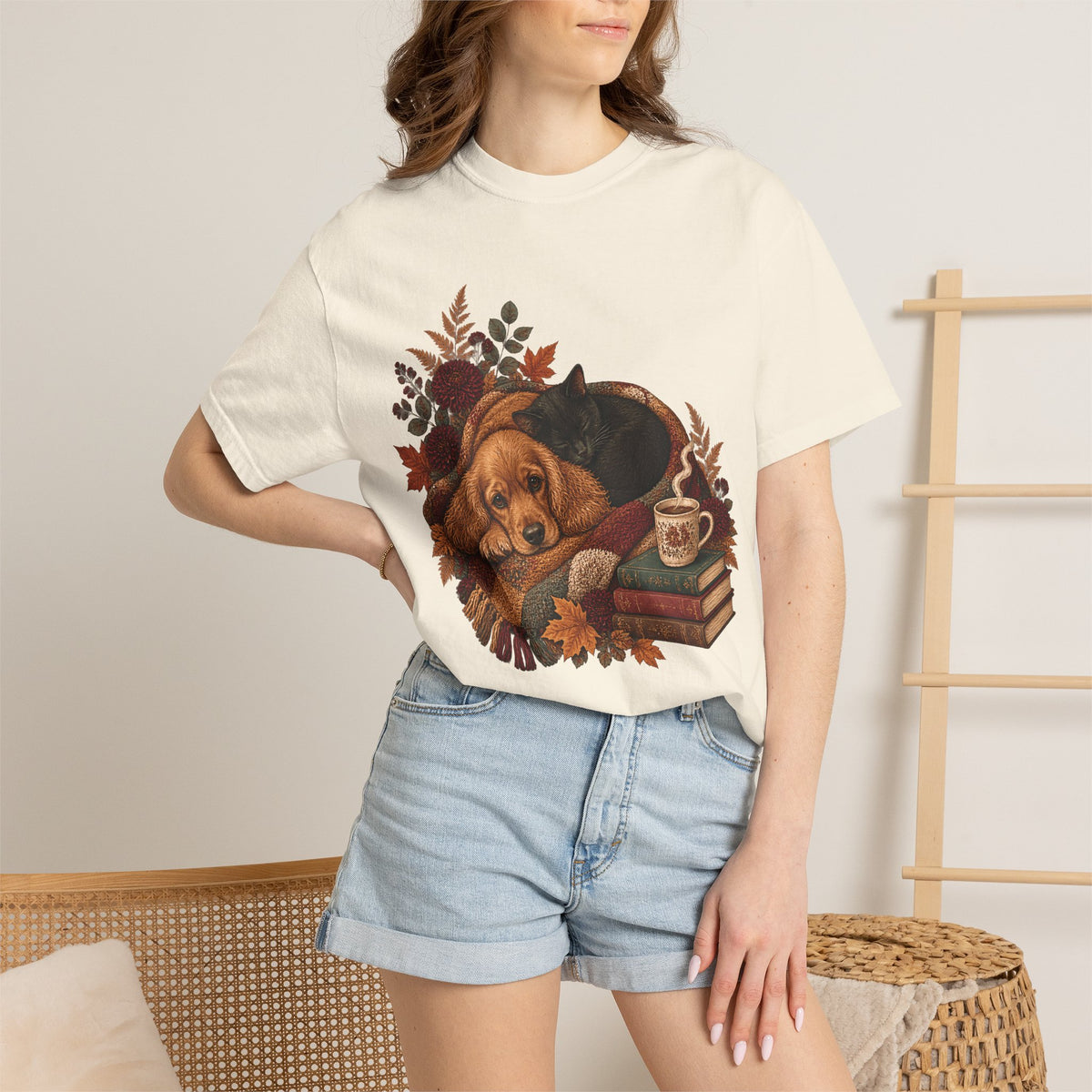 Cozy Autumn Dog & Cat T-Shirt – Sleeping Puppy and Kitten Fall Tee