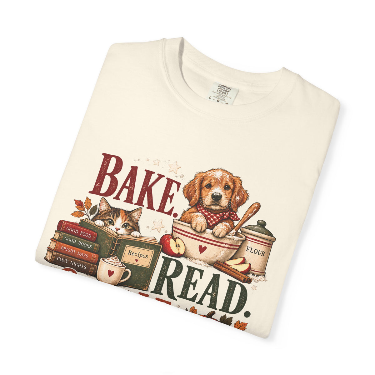 Bake. Read. Cuddle. Repeat. Pet Lover T-Shirt – Cozy Dog & Cat Book Lover Tee