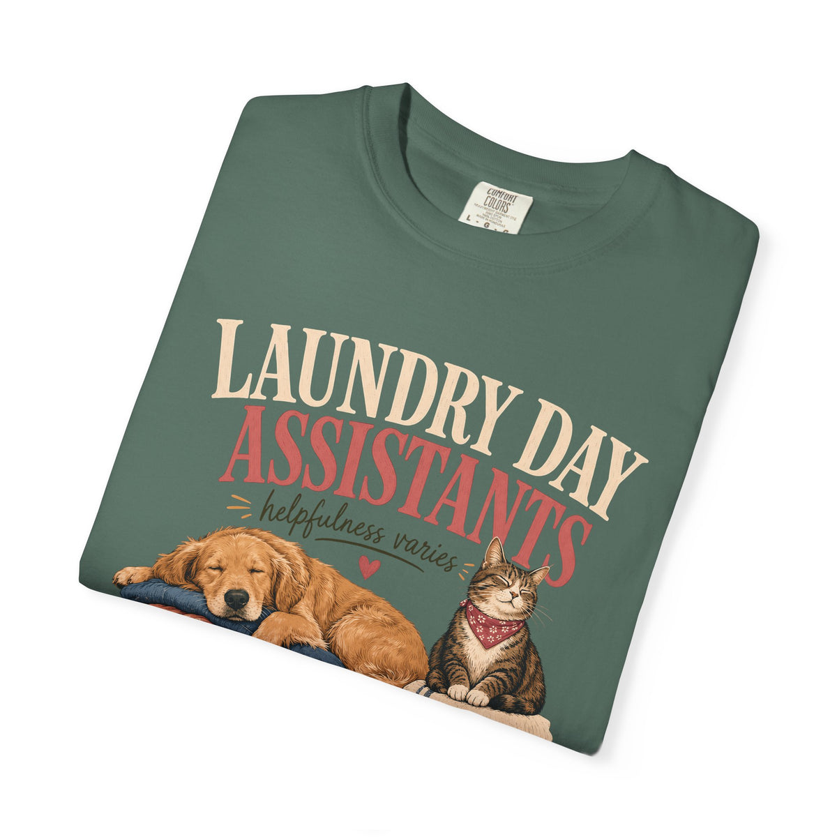 Laundry Day Assistants T-Shirt – Cute Dogs & Cat on Folded Clothes