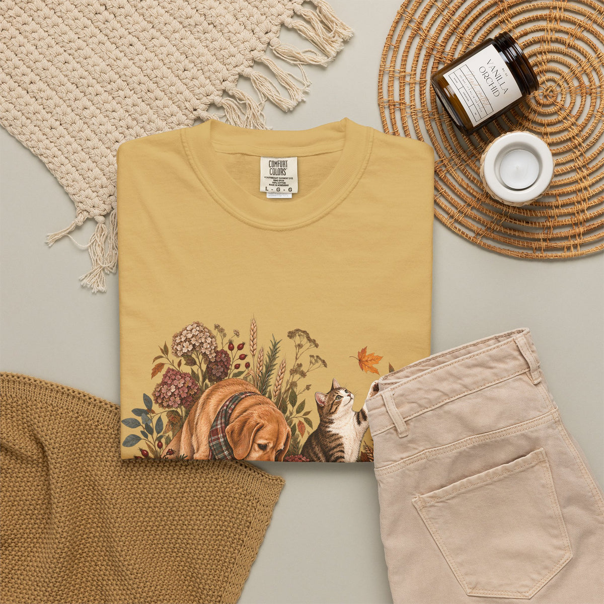 Autumn Dog & Cat T-Shirt – Botanical Fall Pet Lover Tee