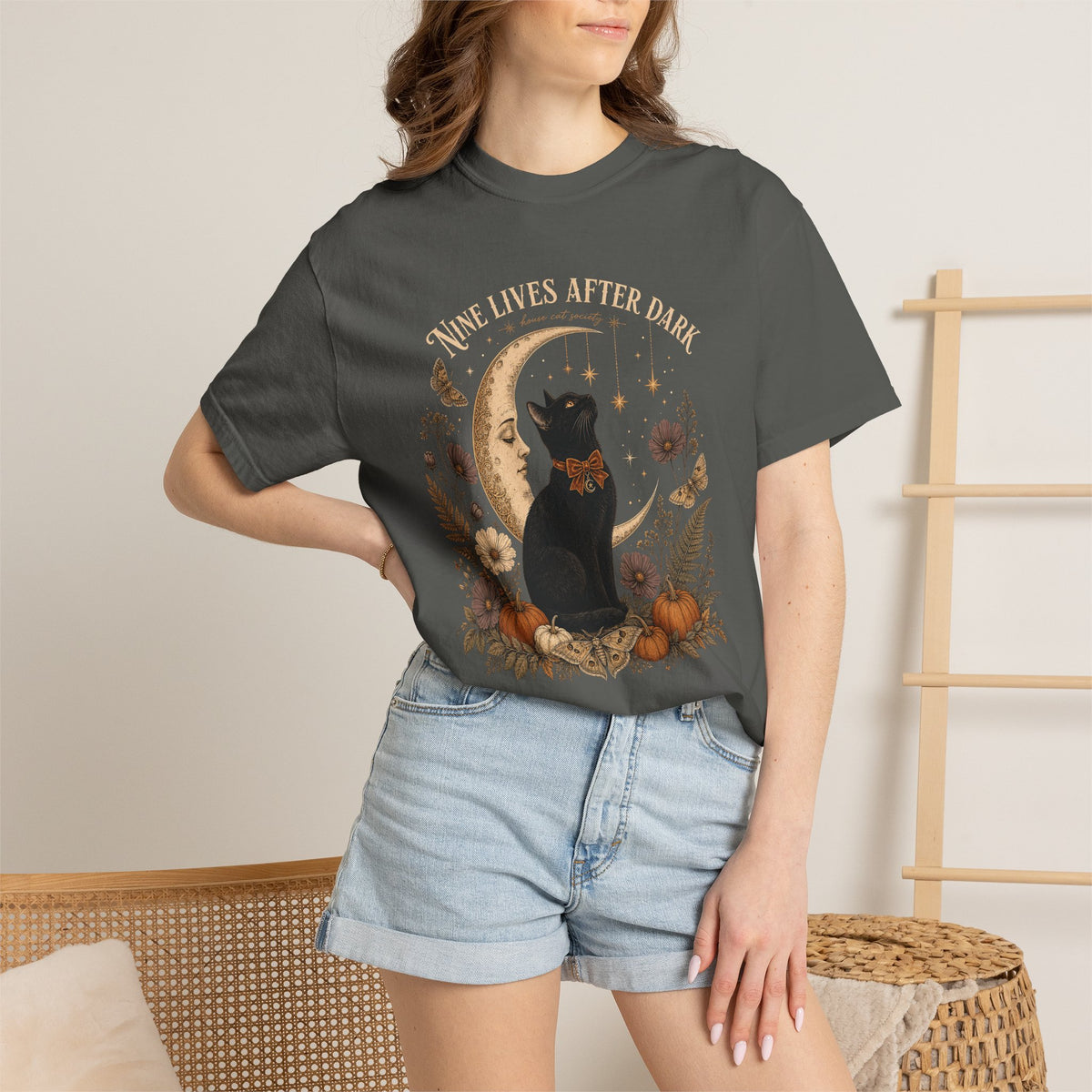 Nine Lives After Dark T-Shirt – Black Cat Celestial Moon Graphic Tee