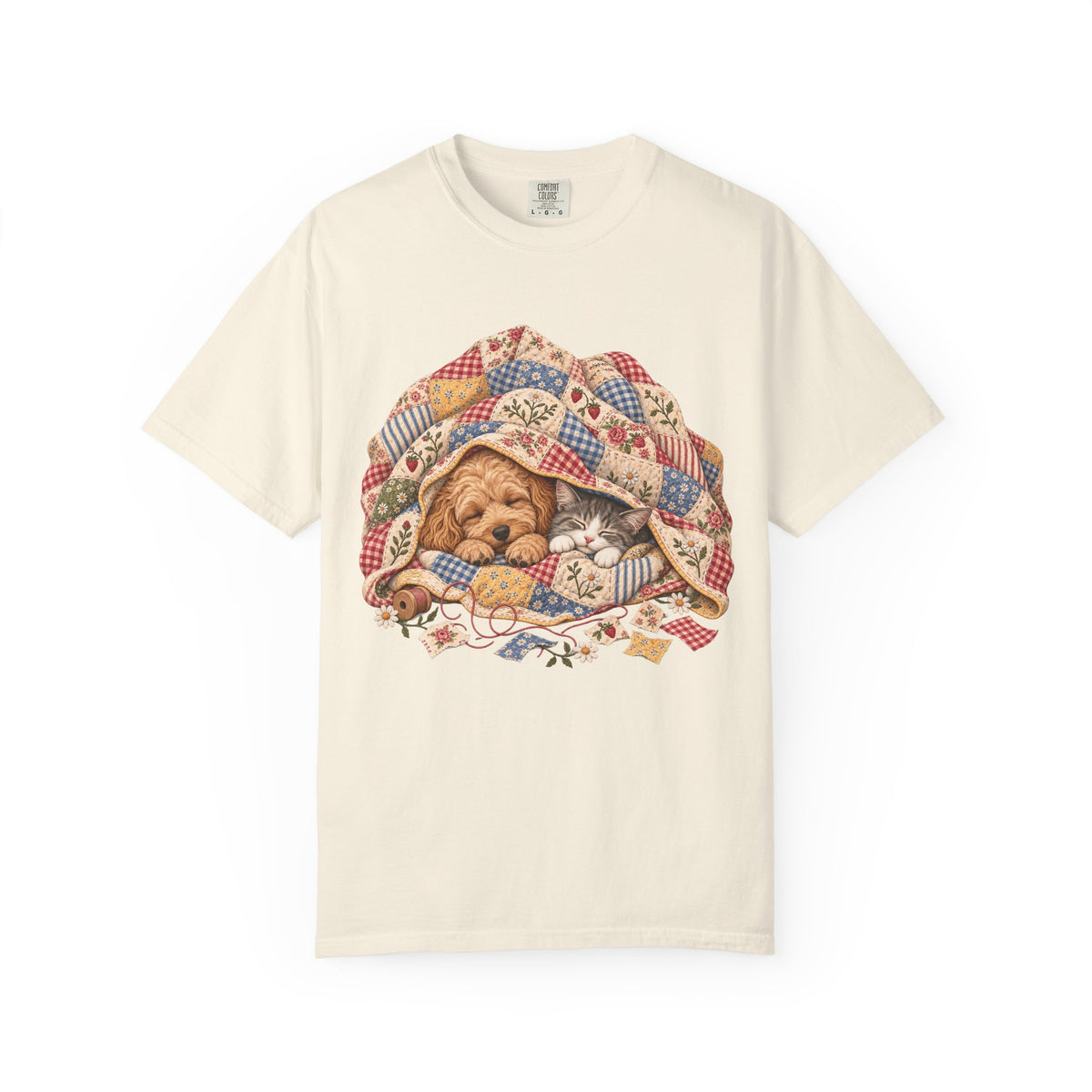 Sleeping Puppy & Kitten T-Shirt – Vintage Patchwork Quilt Pet Lover Tee