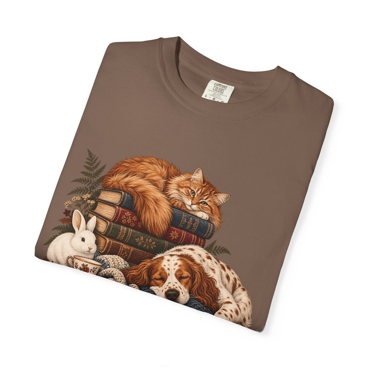 Cozy Reading Pets T-Shirt – Cat, Dog & Bunny Book Lover Tee