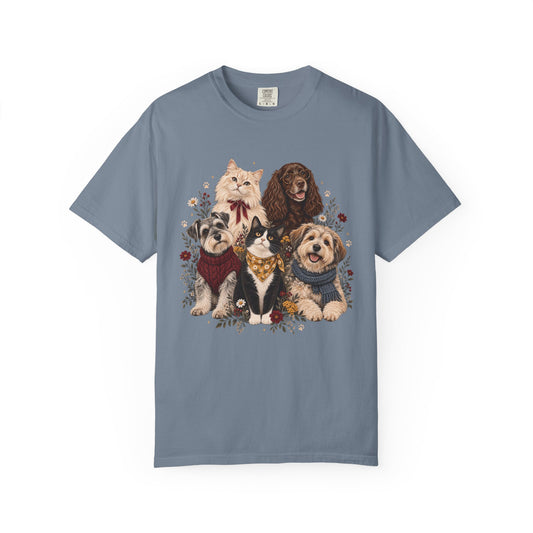 Dog & Cat Family T-Shirt – Vintage Botanical Five Pets Tee