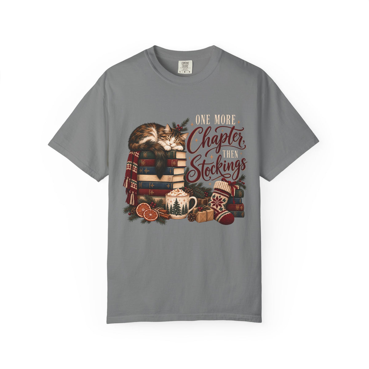 One More Chapter Then Stockings T-Shirt – Christmas Cat & Book Lover Tee