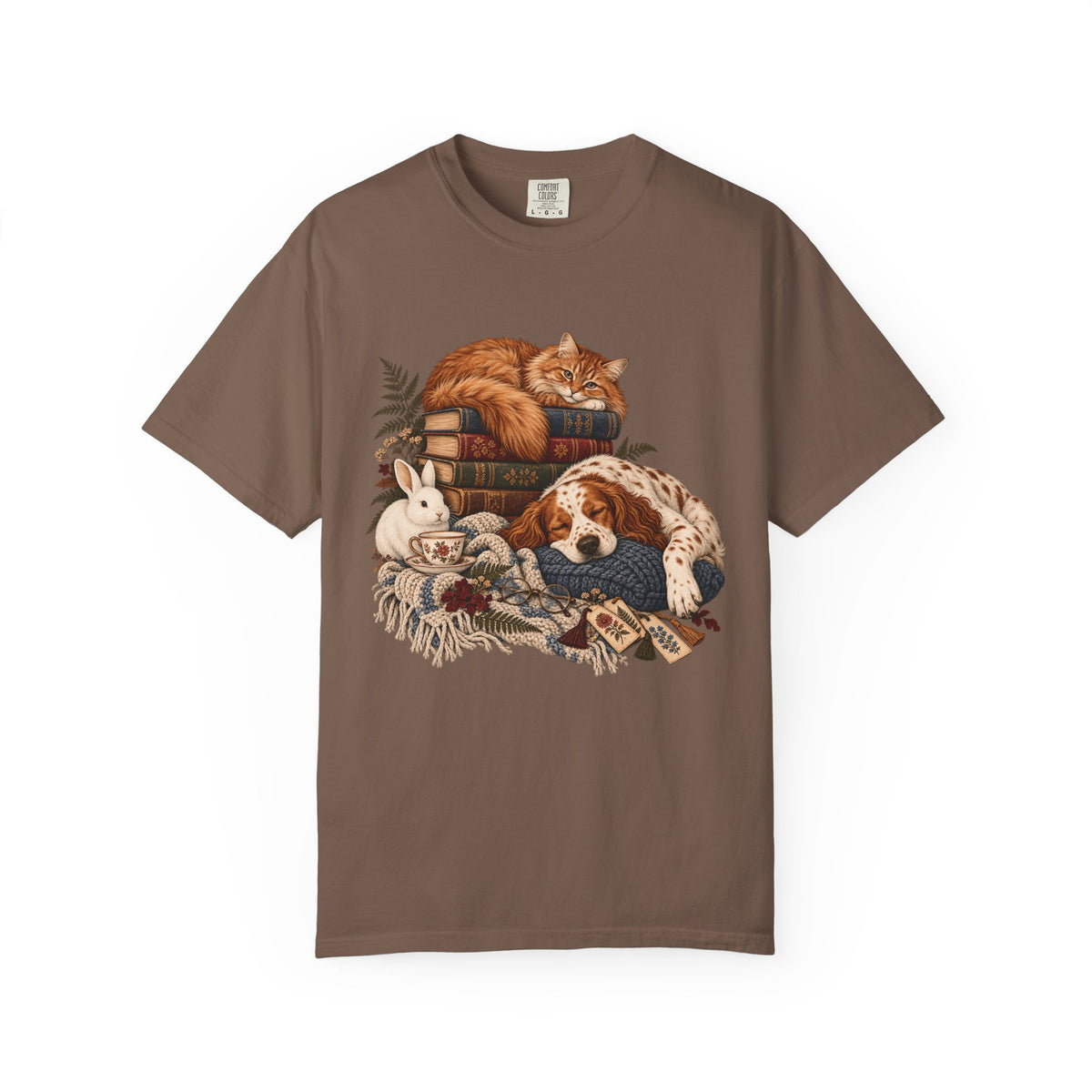 Cozy Reading Pets T-Shirt – Cat, Dog & Bunny Book Lover Tee
