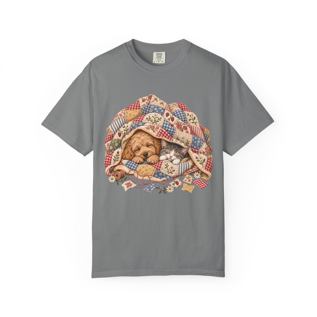 Sleeping Puppy & Kitten T-Shirt – Vintage Patchwork Quilt Pet Lover Tee
