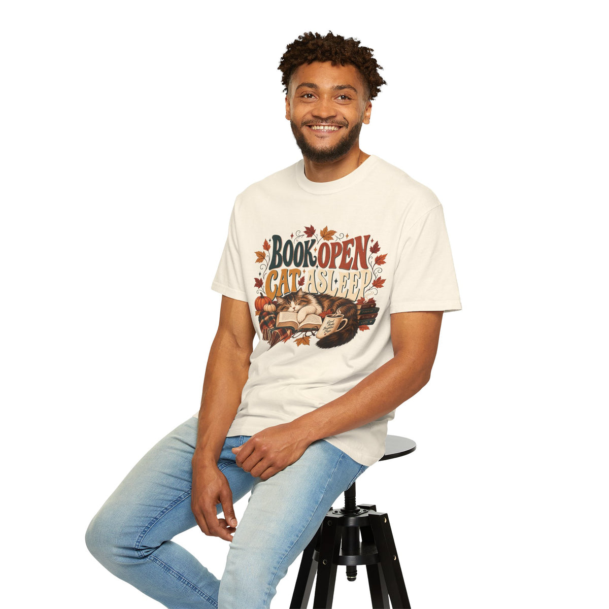 Book Open Cat Asleep T-Shirt – Cozy Cat Lover & Reader Tee