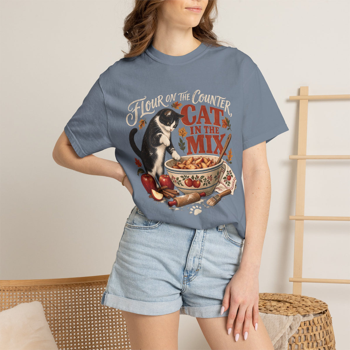Flour on the Counter Cat in the Mix T-Shirt – Funny Baking Cat Tee