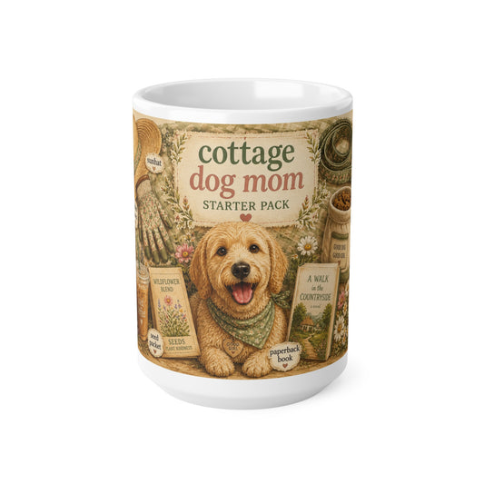 Cottage Dog Mom Mug — Ceramic 15oz Coffee Cup, Rustic Floral & Puppy Starter Pack Design