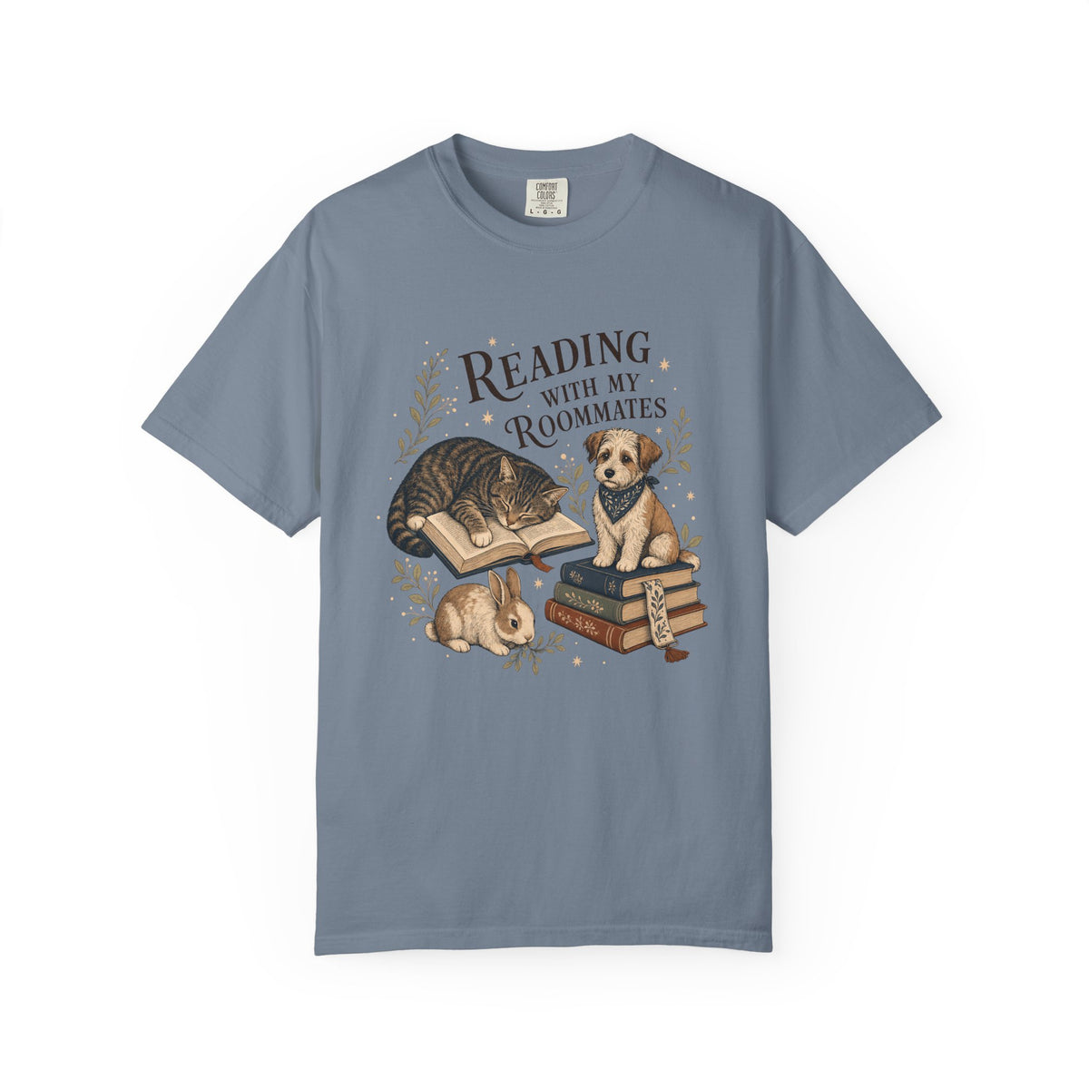 "Reading With My Roommates" Cat, Dog & Bunny Book Lover T-Shirt