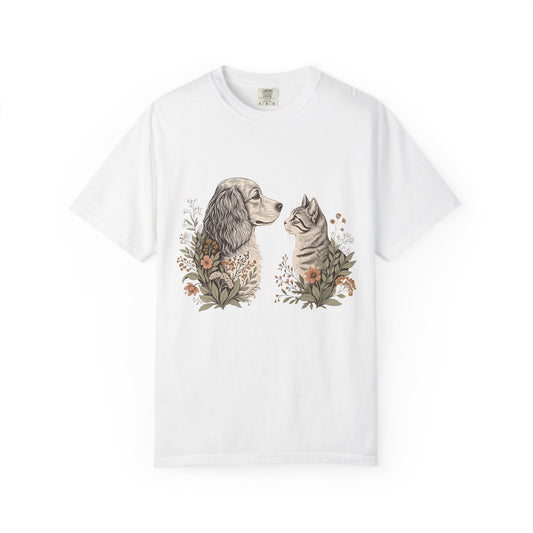 Botanical Dog & Cat Portrait T-Shirt – Floral Illustrated Design