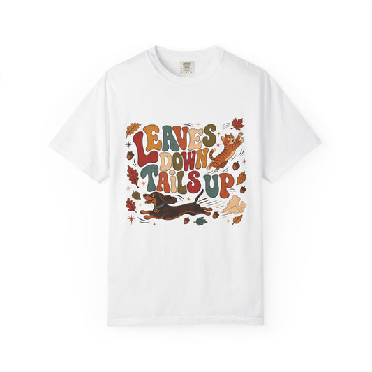 Leaves Down Tails Up T-Shirt – Retro Fall Dog & Cat Pet Parent Tee