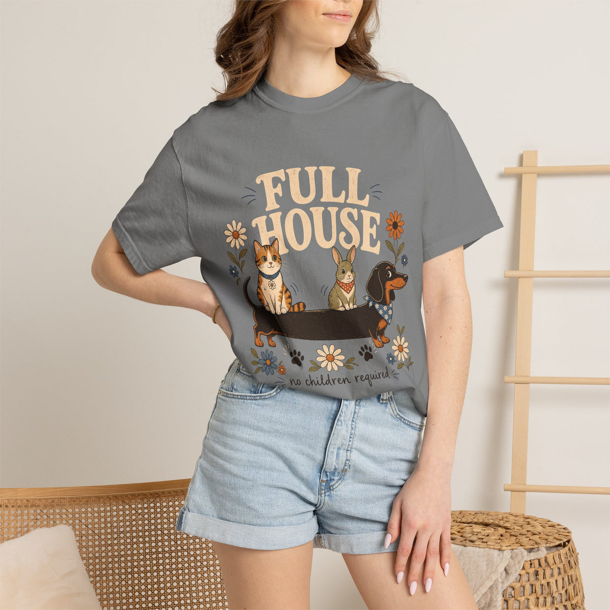 "Full House, No Children Required" Funny Dog, Cat & Bunny T-Shirt