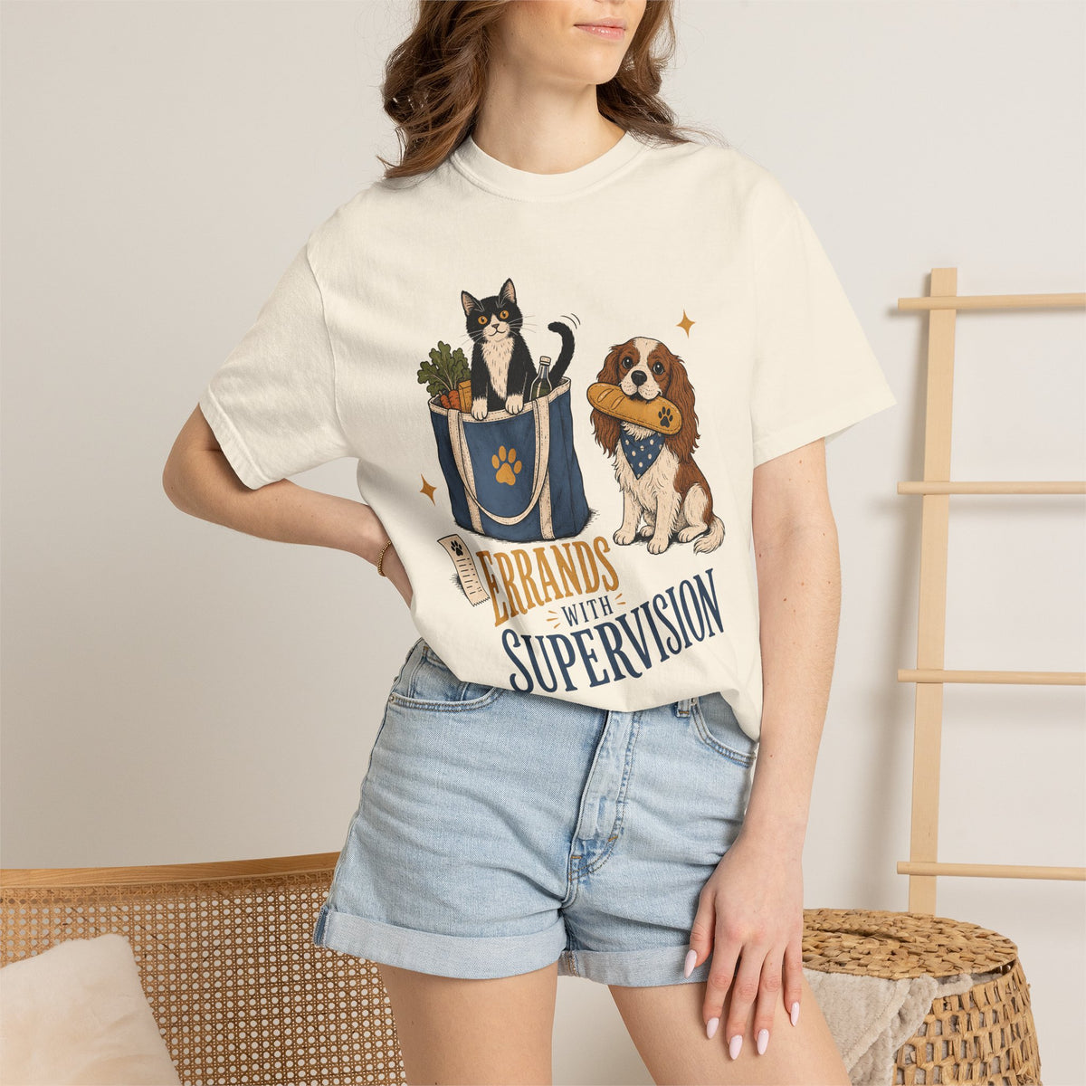 "Errands With Supervision" Funny Grocery Shopping Cat & Dog T-Shirt
