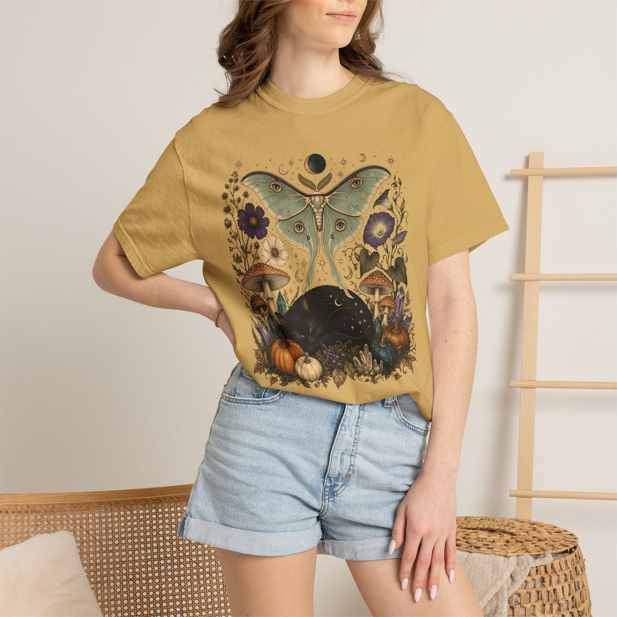 Celestial Black Cat T-Shirt – Witchy Moth & Mushroom Cat Lover Tee