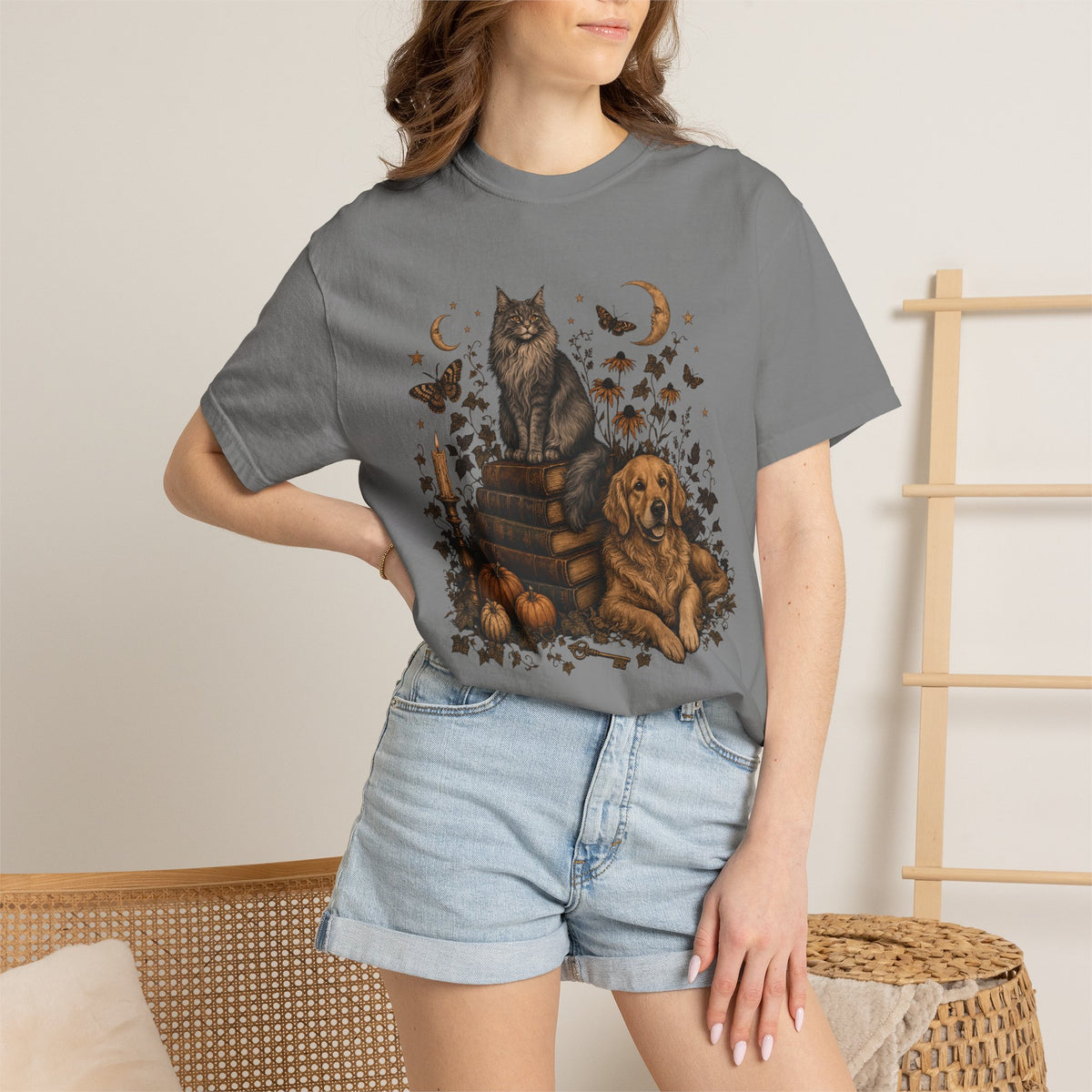 Cozy Autumn Dog & Cat T-Shirt – Dark Academia Pet Lover Tee