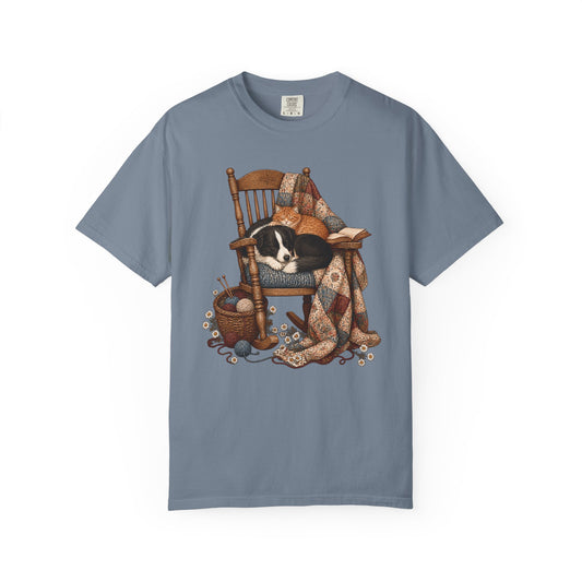 Cozy Cottage Dog & Cat T-Shirt – Vintage Rocking Chair Pet Lover Tee