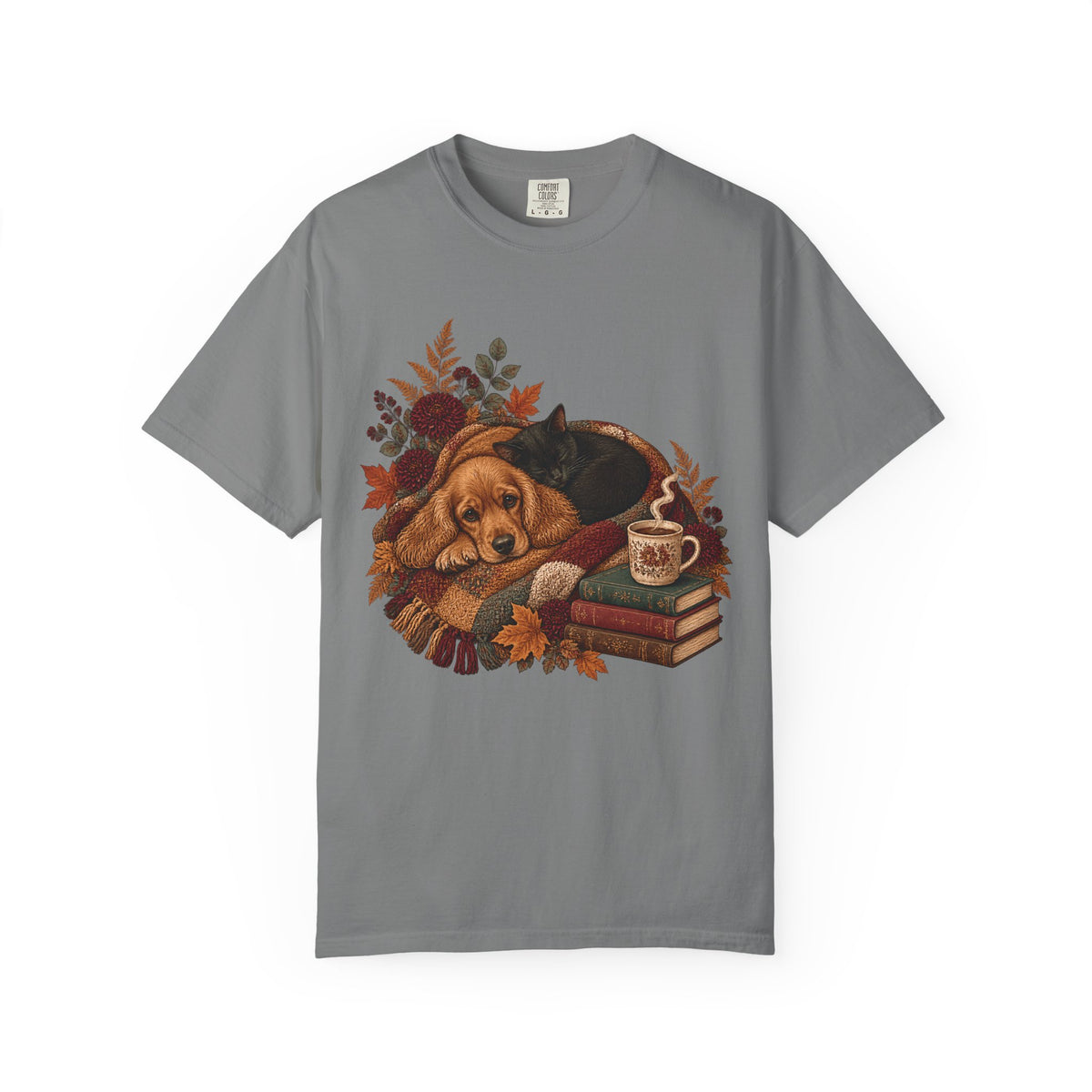 Cozy Autumn Dog & Cat T-Shirt – Sleeping Puppy and Kitten Fall Tee
