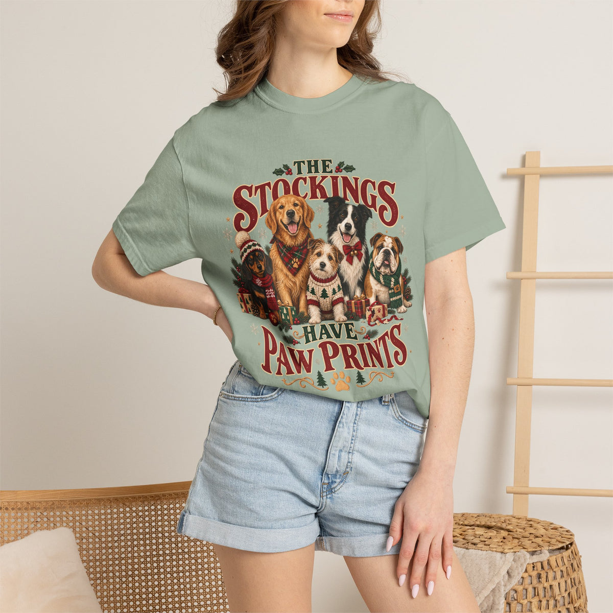 The Stockings Have Paw Prints T-Shirt – Christmas Dog Lover Tee