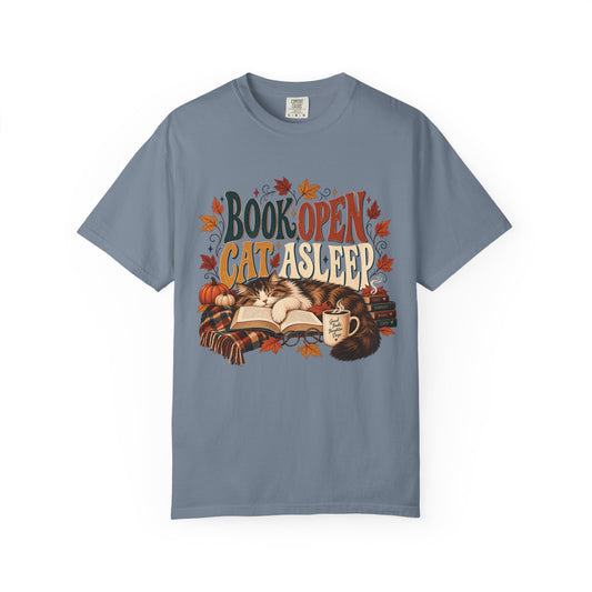 Book Open Cat Asleep T-Shirt – Cozy Cat Lover & Reader Tee