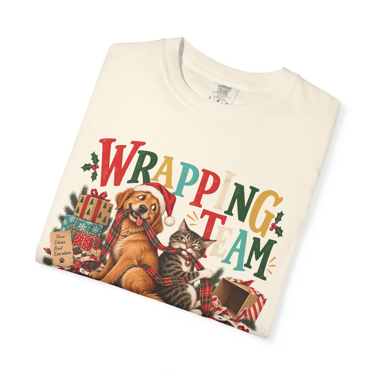 Wrapping Team on Probation T-Shirt – Funny Christmas Dog & Cat Tee