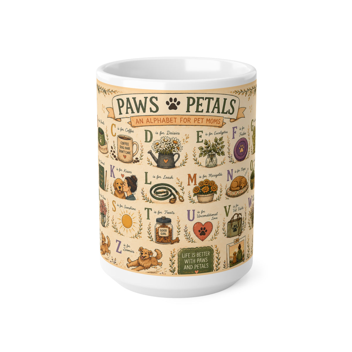 Paws & Petals Alphabet Ceramic Mug — Illustrated A–Z Pet Plants, 15oz Mug