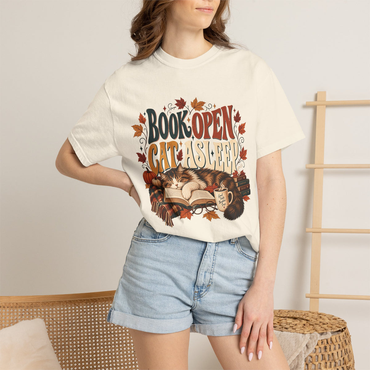 Book Open Cat Asleep T-Shirt – Cozy Cat Lover & Reader Tee