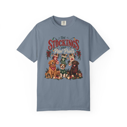 The Stockings Have Paw Prints T-Shirt – Christmas Dog Lover Tee