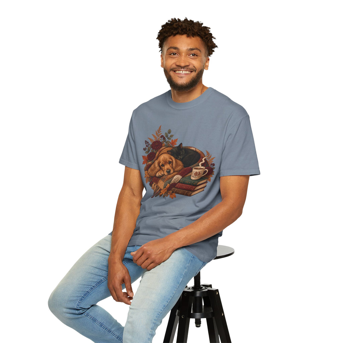 Cozy Autumn Dog & Cat T-Shirt – Sleeping Puppy and Kitten Fall Tee