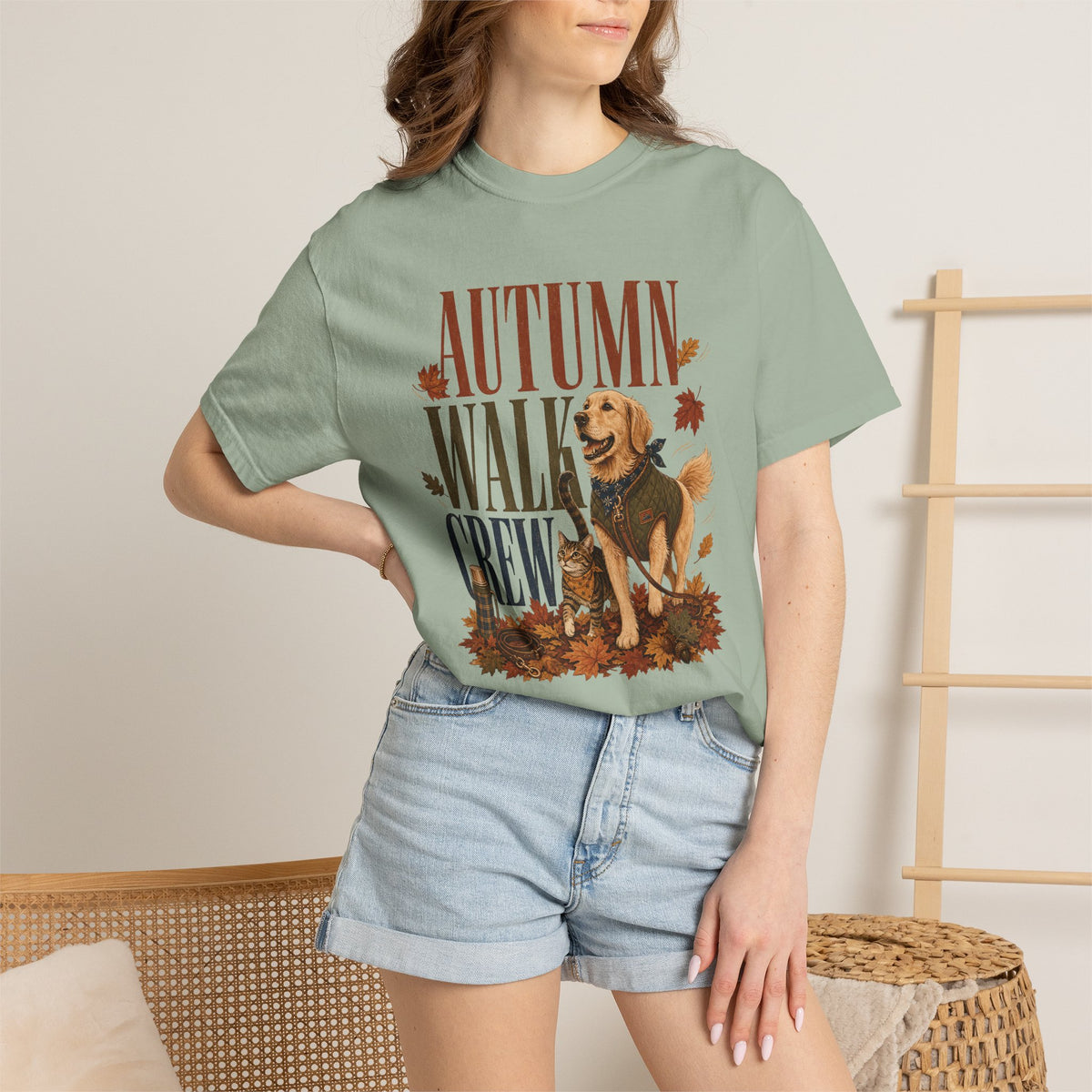 Autumn Walk Crew T-Shirt – Fall Dog & Cat Pet Lover Graphic Tee