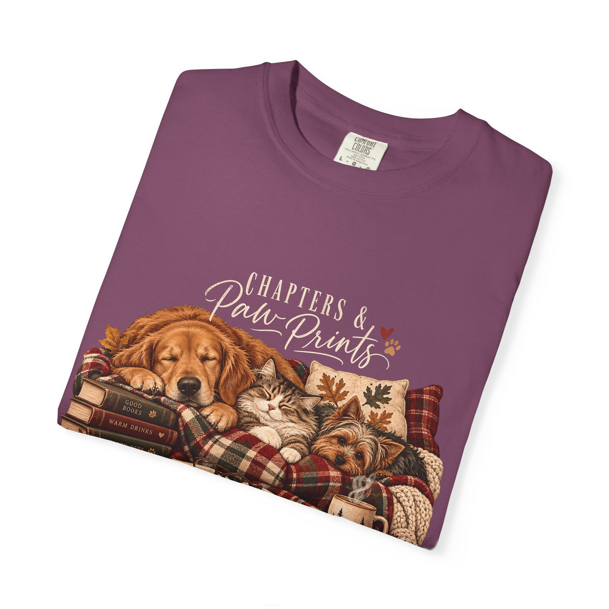 Chapters & Paw Prints T-Shirt – Cozy Book Lover Pet Parent Tee