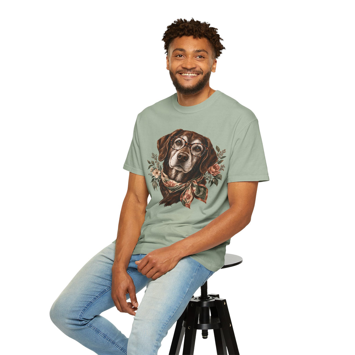 Vintage Floral Dog T-Shirt – Dog with Glasses & Botanical Scarf Tee