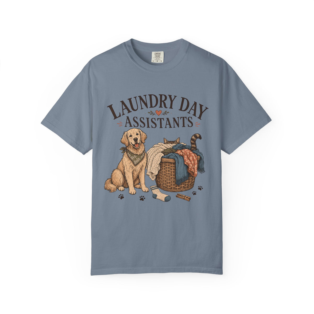 "Laundry Day Assistants" Funny Golden Retriever & Cat T-Shirt