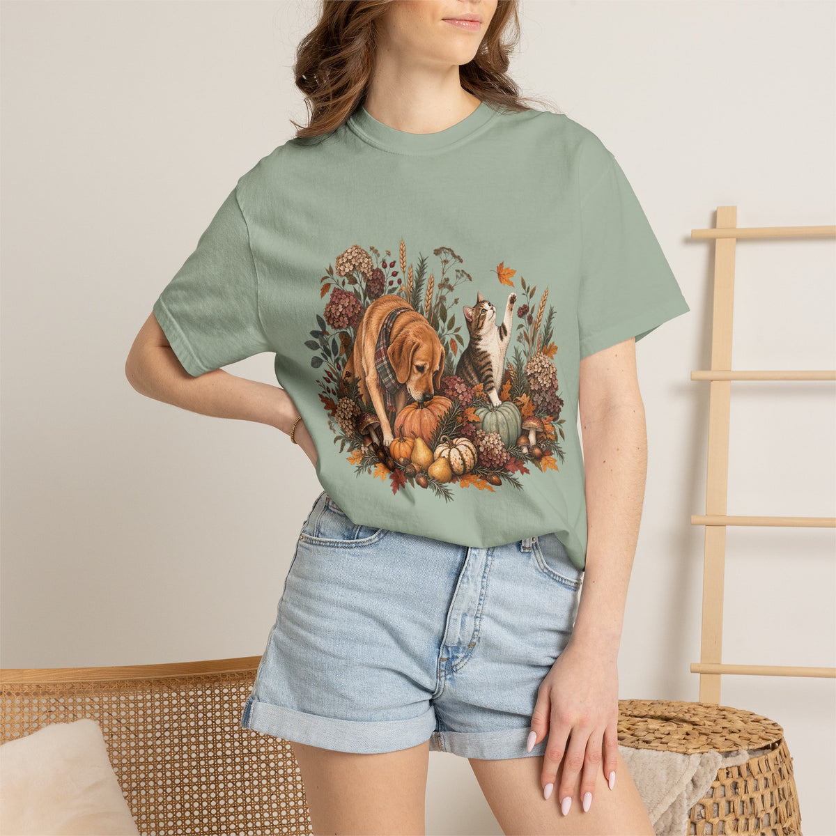 Autumn Dog & Cat T-Shirt – Botanical Fall Pet Lover Tee